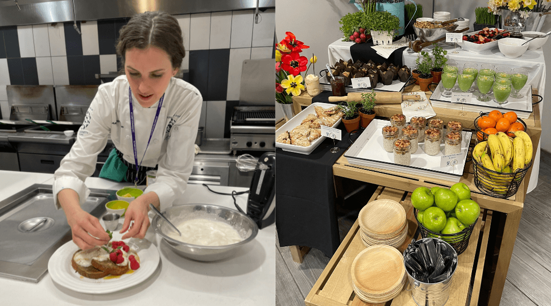 À gauche, Amy Symington, chef de cuisine de Forward Food, prépare des crêpes. À droite, un étalage de plats pour le petit-déjeuner.